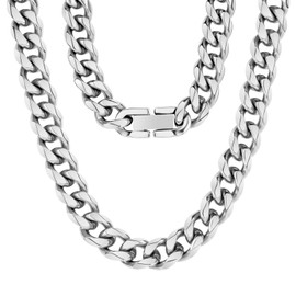 Aucuu Men Cuban Chain, 8mm Cuban Necklace Sliver Byzantine Link Chain Necklace Bracelet, 50cm Titanium Steel Chunky Curb Chain for Men Women, Classic Men's Necklaces (Gift Box)