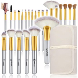 VANDER Makeup Brushes, 24Pcs Premium Synthetic Fiber&Wooden Handle Travel Makeup Brush Set, Foundation Powder Concealers Eye Shadows Blush Make up Brushes for Women, Girl, with Cosmetic Bag, Champagne