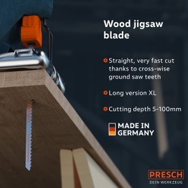 Presch Jigsaw Blades Wood 10 pcs. (Fast, Straight, Long) - Rapid, Straight Cut (5-100mm) - Durable T-Shank Saw Blades for All jigsaws - Long Jigsaw Blades for Wood for chipboard, softwood and More