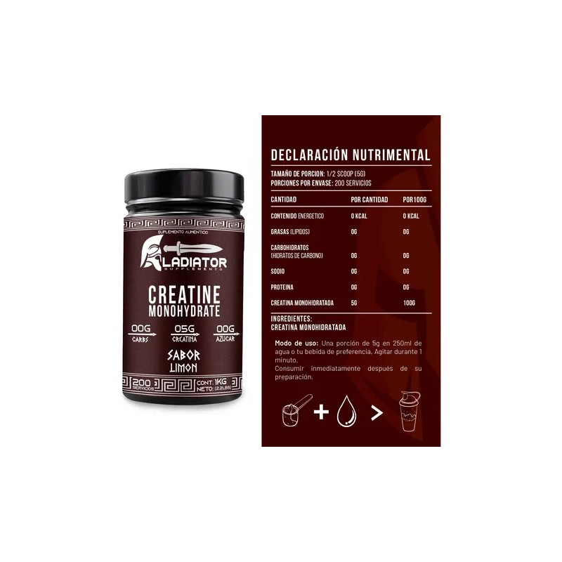 Creatina Gladiator Monohidratada 1kg 200 Servicios