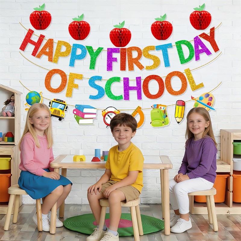 Happy First Day of School Banner – Pre-Strung Glitter Back