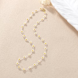 KELITCH Women Flower Bead Necklaces Hand Woven Choker Necklaces Bohemian Beach Jewelry (White Yellow 17B)