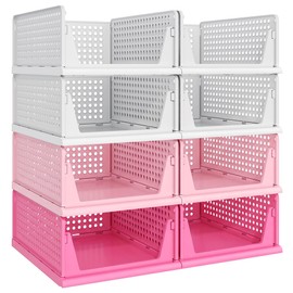 Pink Girl Closet Organizers and Storage Stackable Plastic Drawer Basket for Clothing Stackable Storage Bins Shelf Storage Container for RV Closet Wardrobe Bedroom Bathroom Playroom 8 Pack