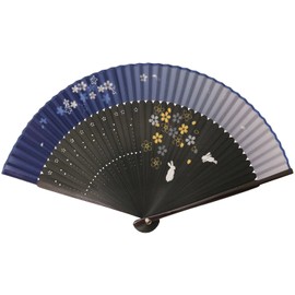 Matsumi Kogei 161301 Asahi O Folding Fan, Rabbit and Cherry Blossoms, Blue Black