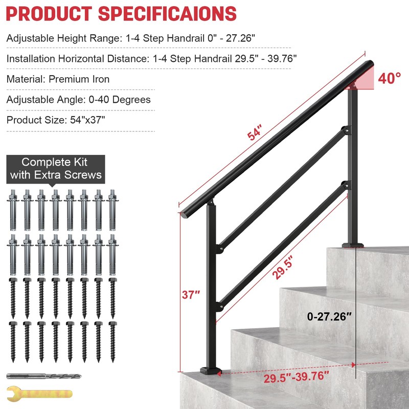 2 Pack Handrails for Outdoor Steps, Wrought Iron Black Stair