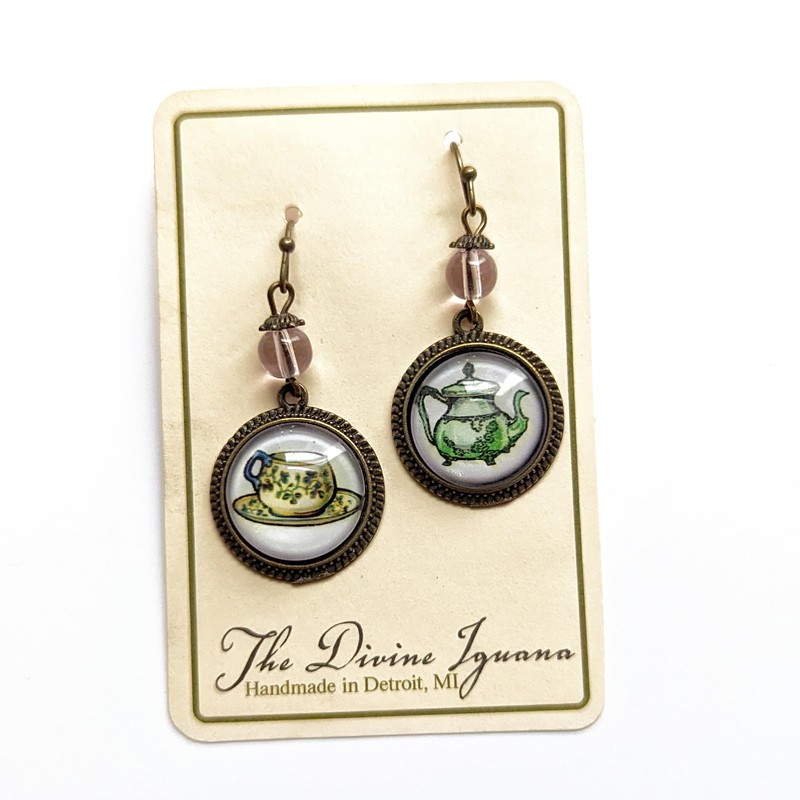Green Teapot And Teacup Earrings
