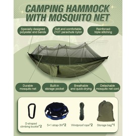 Zumhigh Camping Hammock with Mosquito Net, Ultra Lightweight Durable 210T Parachute Nylon Travel with Tree Straps Easy to Setup Hammock Camping with Mosquito Net Outdoor Indoor Garden Green