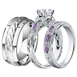lvrong Couple Rings His Her Wedding Ring Sets Matching Rings White Gold Plated Purple CZ Ring Titanium Men Ring