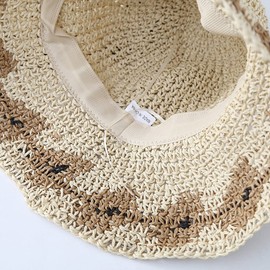 Women Beige Summer Soft Straw Hat Small Flower Woven Basin Hats Vacation Beach Hat Foldable Sunshade Hat Cap