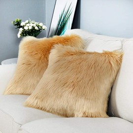 Carvapet 2 Pieces Luxury Decorative Faux Sheepskin Fur Throw Pillow Case Cushion Cover for Sofa Bedroom Couch, Khaki, 18x18 Inch