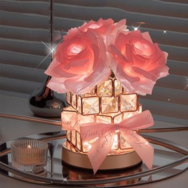 Crystal Table Lamp, Rechargeable Cordless Rose Light 3 Colors Dimmable Flower Lamp, Romantic LED Rose Diamond Lamp for Bedroom Living Pink Room Decor, Valentine Birthday Gift for Her