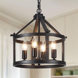 Yidelloc Farmhouse Light Fixtures Round Cage Chandeliers 4 Lights E12 Base Vintage Black Chandelier Pendant Light for Dining Room Entryway Hallway Foyer Kitchen