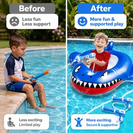 2-Pack Shark Pool Floats for Kids – Ride-On Inflatable Toys with Water Squirt Guns for Summer Pool Play