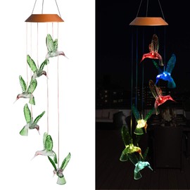 LED Solar Hummingbird Wind Chimes Outdoor - Waterproof Mobile Changing Light Color Wind Chime, Six Hummingbirds LED Wind Chimes for Home, Xmas Mom Gifts, Party, Festival Decor, Night Garden Decoration