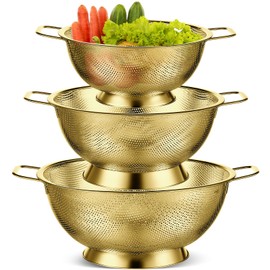 Bokon 3 Pcs Stainless Steel Colander Set Colander Bowl Colander Sieves 1/3/ 5 Quart Metal Mesh Strainer Net Basket with Handles Food Spaghetti Strainer for Kitchen Draining Pasta Rinsing (Gold)