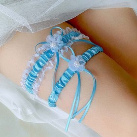Juego de ligas de boda de encaje para novia, liga floral elástica para novia, Azul (Sky Blue), M