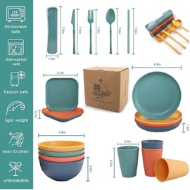 Wheat Straw Dinnerware Sets (48Pcs) Reusable Dishware Sets with Plates, Cups, Knives, Forks and Spoons,Lightweight Camping Dishes,Dishwasher Microwave Safe,for Camping Kitchen Picnic College Dorm