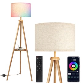 OUTON Tripod Floor Lamp with Shelves, Mid Century Dimmable Wood Floor Lamp with Remote Control, 4 Color Temperatures, Standing Tall Lamp with Linen Shade for Living Room, Bedroom, Office, Oak Hardwood
