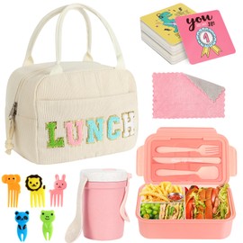 Bento Box Lunch Box Kit Corduroy Large Insulated Lunch Bag 3 Layer Stackable Leakproof Lunch Box Containers with Cup,Lunch Bag,Spoon,Fork,60 Pieces Lunch Box Notes for Girl Women (Solid Beige)