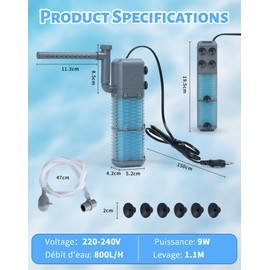 NETONDA Aquarium Filter Adjustable Aquarium Pump 800L/H 9W Quiet Internal Filter Aquarium with 2 Filter Sponges Aquarium Filter Pump for Aquariums up to 250 L