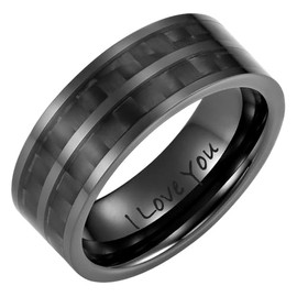 Willis Judd 7mm Mens Black Ceramic Ring for Men Engraved I Love You In Wooden Gift Box Wedding Band Ring Mens Engagement Ring Groove Promise Ring Comfort Fit Black Carbon (X)