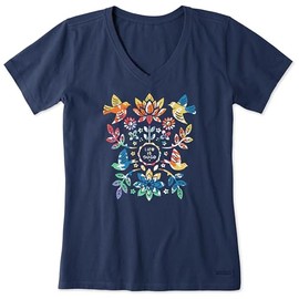 Life is Good Women's Standard Crusher Tee, Short Sleeve Cotton Graphic T-Shirts, Folk Art Garden Tie Dye, Darkest Blue