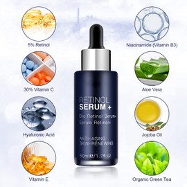 Retinol Serum for Face/Neck/Eyes 50ml, High Strength with 5% Retinol, 30% Vitamin C, Vitamin E & Hyaluronic Acid - Anti Aging Facial Serum for Moisturizing, Fine Line and Wrinkles, Skin Repair