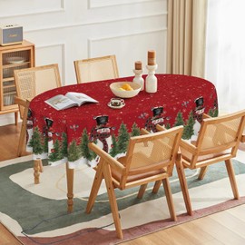Horaldaily Christmas Tablecloth 60×84 Inch Oval, Winter Snowman Trees Red Washable Table Cover for Party Picnic Dinner Decor