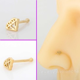 20G Solid 14K Yellow Gold Diamond Icon Nose Stud, Diamond Shape Nose Ring L-Bend, Ball-end, Nose Screw Stud, Unisex Nose Ring, Metal, no gemstone