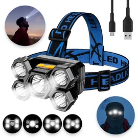 Raganet, 3 Lamparas Frontales de 5000 Lumens, Iluminación Frontal Recargable, 4 Modos de Cambio de Luz, 5 Leds de Alta potencia, Incluye Banda de
