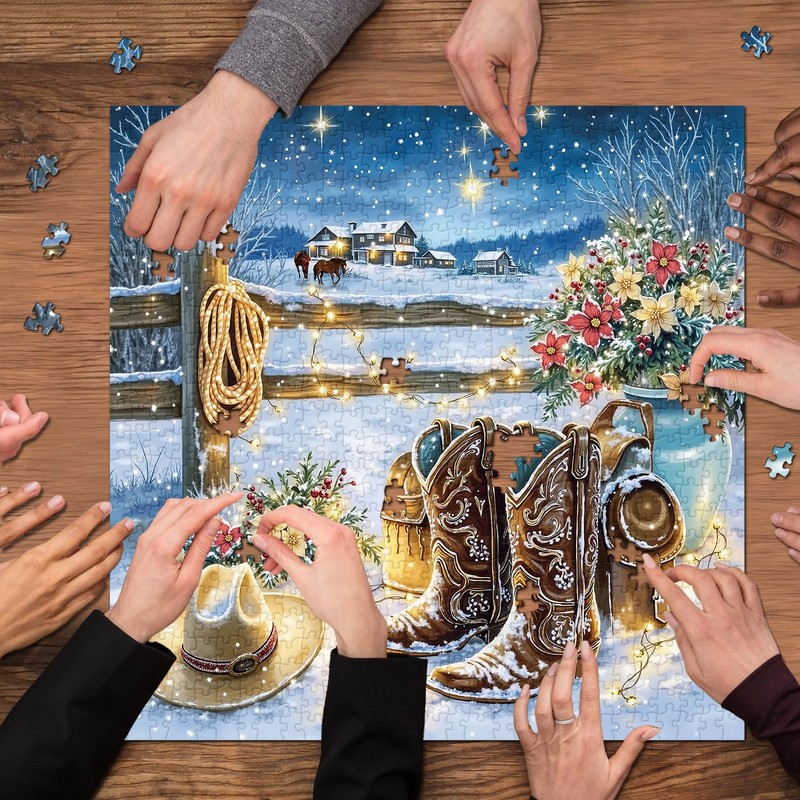 Winter Country Puzzles for Adults 1000 Pieces, Snowy Cowboy Boots