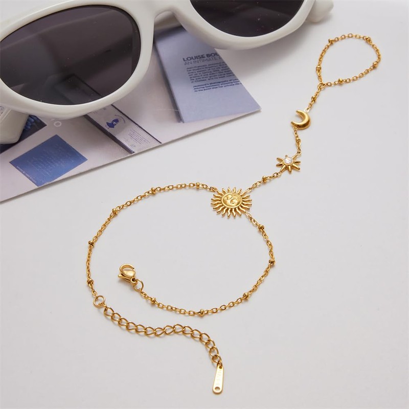 Dainty CZ Moon Sun Star Hand Chain Ring Bracelet for