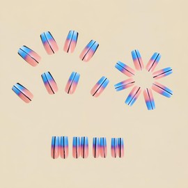 Ombre Press on Nails Blue Stripe Smudge Fake Nails Medium Square False Nails Glossy Acrylic Nails Reusable Glue on Nails Summer Full Cover Stick on Nails for Women 24PCS