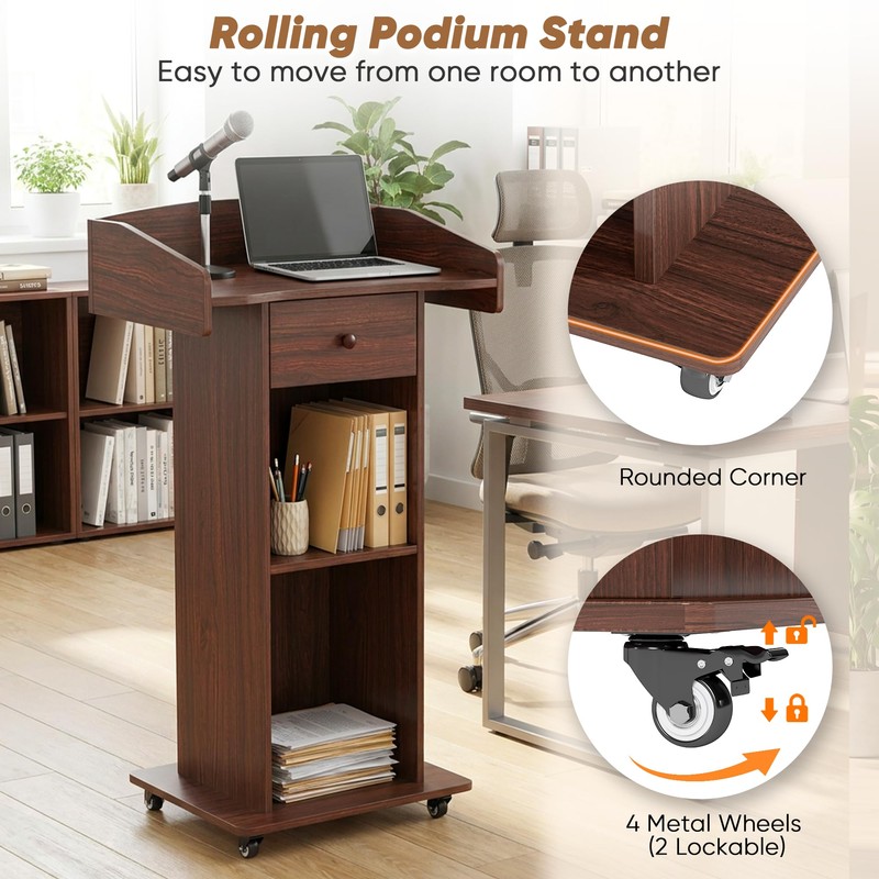 Portable Podium Stand with Metal Wheels, Rolling Podium with Drawer