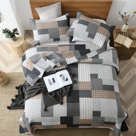 SahSahCasa Quilt King Size, King Quilt Set, 100% Cotton King Quilt Bedding Set Bedspread, Farmhouse Patchwork Quilt, Plaid Reversible Lightweight Rustic Comforter, Grey Black Brown White, 3 Pieces