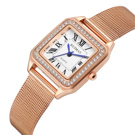 Women Watches Leather Band Fashion Quartz Waterproof Watches Roman Numerals Female Diamond Watch, rose gold, Classic
