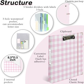 Etzul 3 Ring Binder 1 inch with Clipboard - Pink & White Grid Design, Includes Dividers, File Bag & Spine Label - Ideal for Students and Professionals, Holographic Waterproof Film