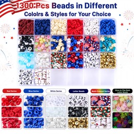 1300 Pcs Patriotic Bracelet Making Kit, Red White Blue Beads with Pendants