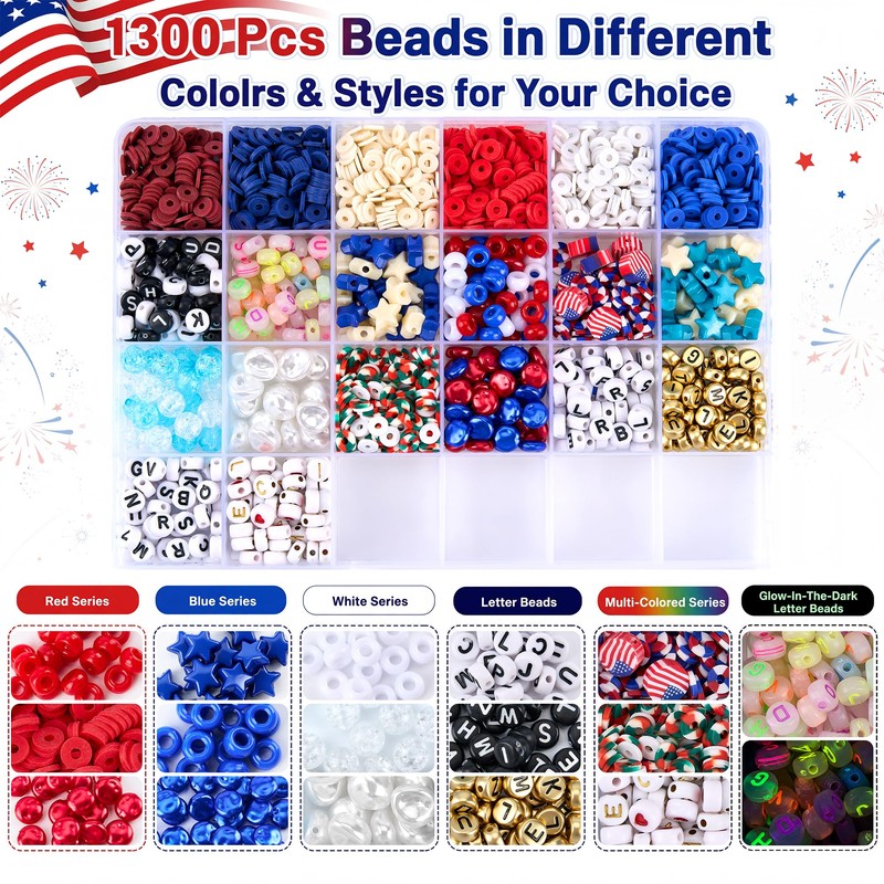 1300 Pcs Patriotic Bracelet Making Kit, Red White Blue Beads