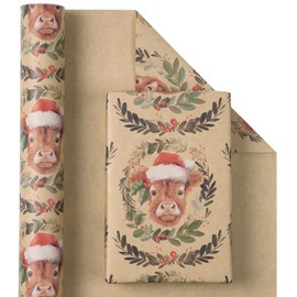 RUSPEPA Kraft Christmas Wrapping Paper Roll for Boys Girls, Mini Roll, Adorable Cow with Santa Hat and Wreath Design, Kraft Gift Wrap for Holiday, Farmhouse Rustic Party, 17 Inches x 16.4 Feet
