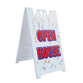 A-Frame Sidewalk Open House 24" x 36" Double Sided A-Frame Sidewalk Sign, Includes 2 Installed Vinyl Decals | Foldable Portable White Signicade Sandwich Board Signs