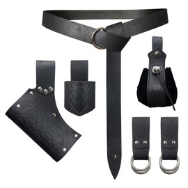 EpicCos 6 PCs Renaissance Belt Costume Medieval Accessories Belt Pouch Skirt Hiking Sword Frog Viking Horn Belt Holster (Black A)