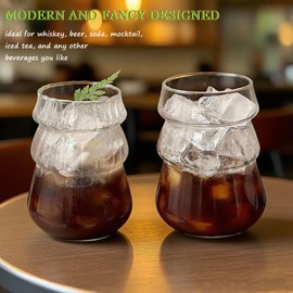 AGTIAAI 2 Pcs Ribbed Glass Cups 18 Oz Vintage Drinking Glassware Bubble Cups Drinking for Iced Coffee Cup Matcha Juice Milk Iced Latte Wavy Cup Glasses Tumbler Aesthetic Cute Glass Cup Unique Cocktail Glasses