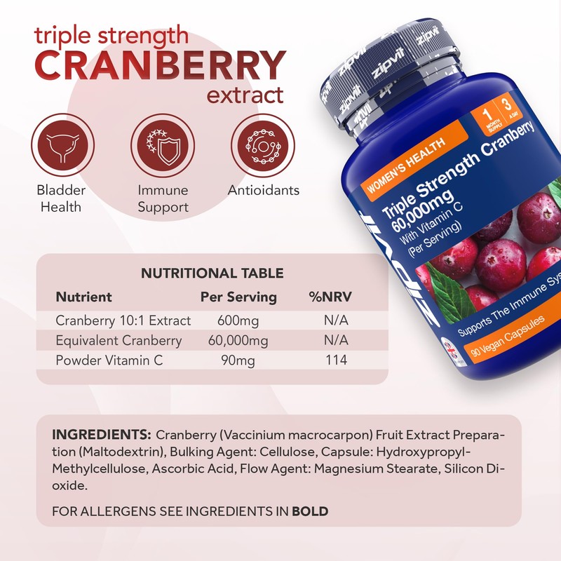 Zipvit Triple Strength Cranberry 60,000mg, High Strength Cranberry Extract with