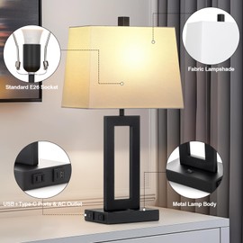 Cinkeda Table Lamp Set of 2 with USB C+A Ports & AC Outlet, Bedside Lamps, Modern Bedroom Lamps, Black Lamps for Night Stands Bedroom Living Room,Nightstand Lamp