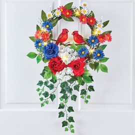 Collections Etc Lighted Patriotic Cardinal Wreath with Greenery 16" x 4.5" x 25"