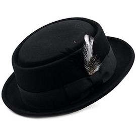 Men's Crush-able Wool Felt Porkpie Pork Pie Fedora Hats with Feather DTHE09 (L/XL, Black)