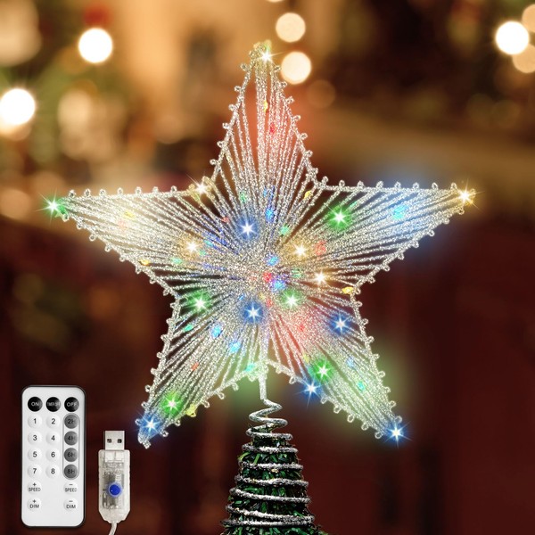Silver Star Christmas Tree Topper with 50 Colouful LED Lights