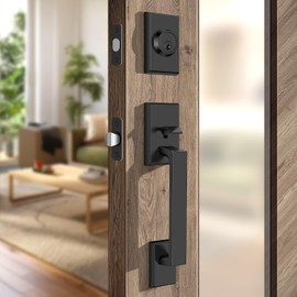 Moquin Juego de manijas cuadradas para puerta delantera, juego de manijas de puerta de entrada resistentes con llaves, cerradura de puerta exterior con cerrojo de un solo cilindro, cerradura de puerta reversible negro mate para puerta derecha e izquierda