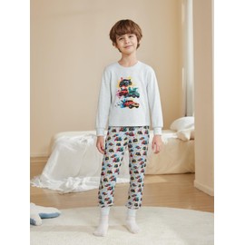 QHKEPW Boys Pyjamas Monster Truck 3-4 Years Pjs Sets Kids Toddler Cotton Long Sleeve Sleepwear 2 Piece Clothes Outfits Winter Nightwear Grey